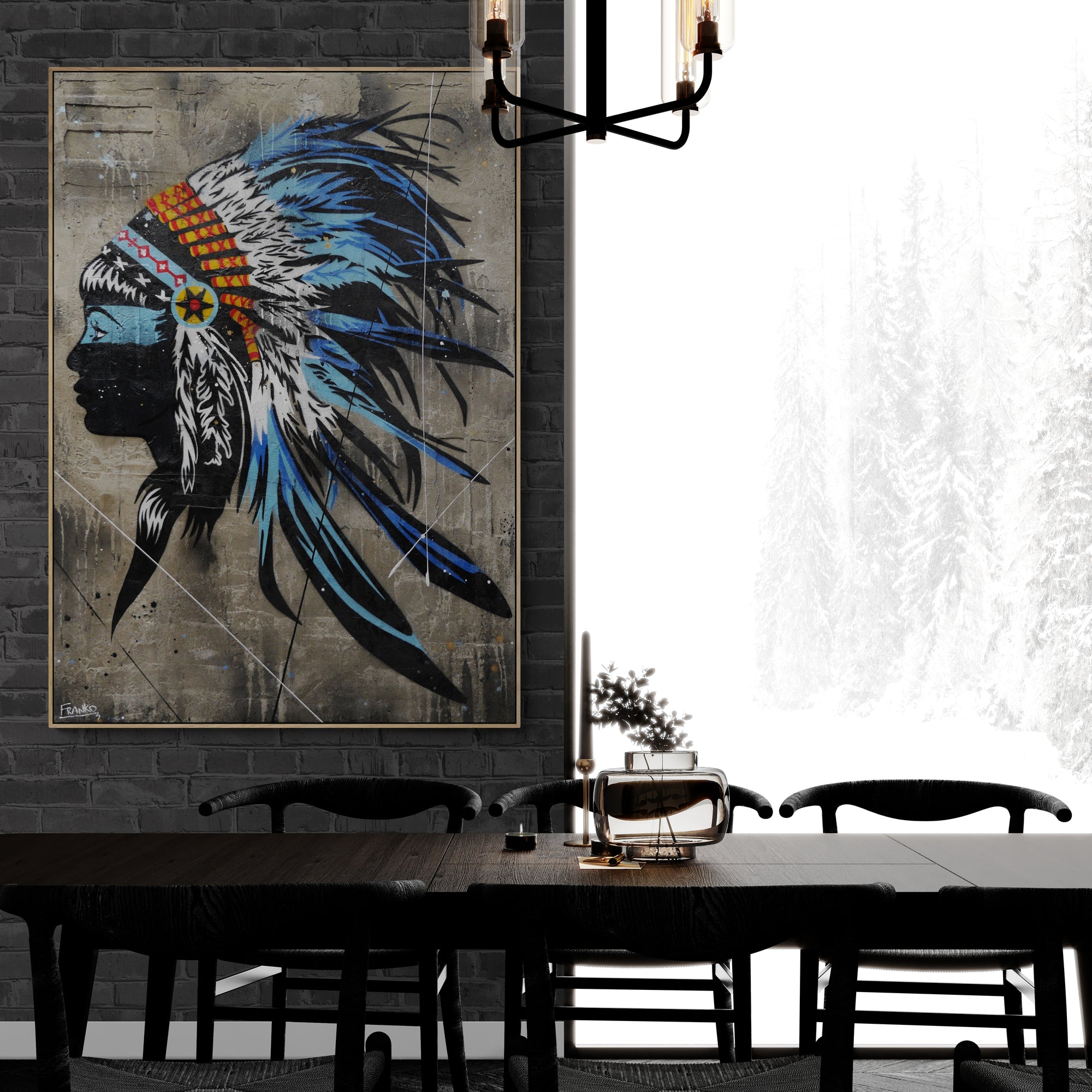 Blue Feathers 100cm x 140cm Indian Headdress Concrete Textured Urban Pop Art Painting (SOLD)-Urban Pop Art-[Franko_Artist]-[The_Block]-[Dream_Homes]-[ideas]-[Grand_Designs]-[Art_Lover]-Franklin Art Studio