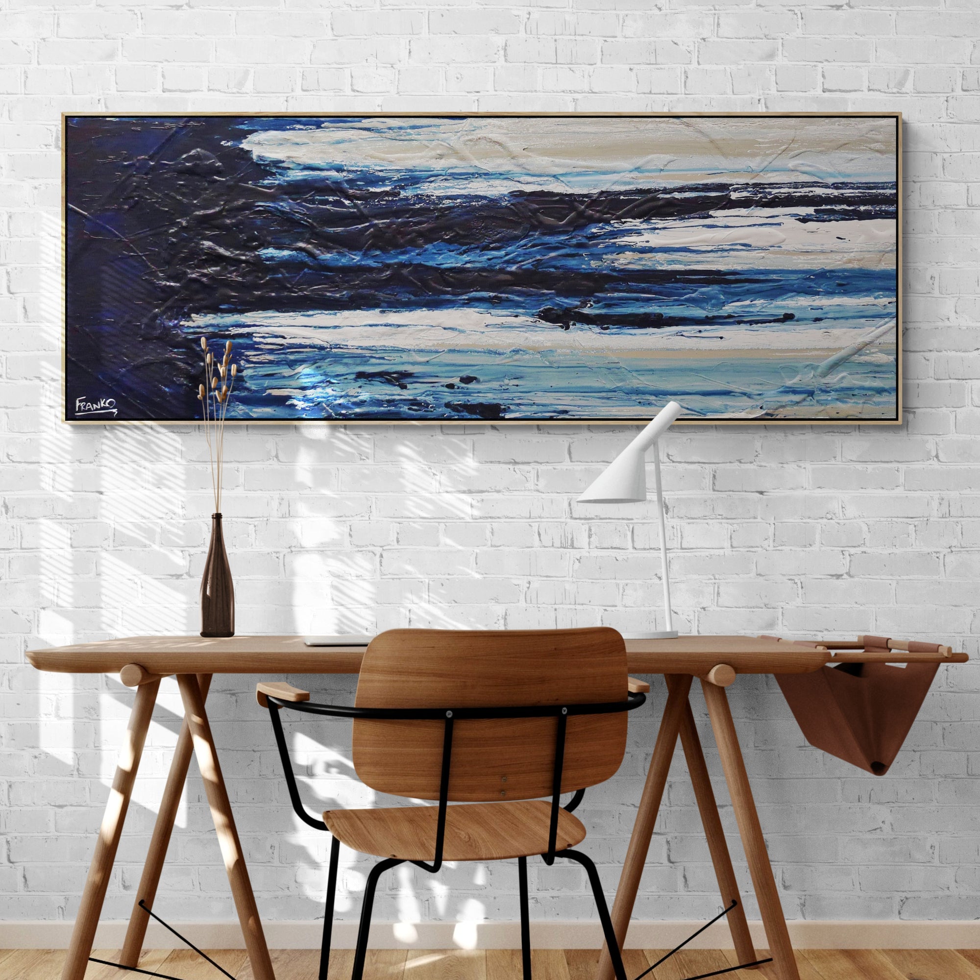 Midnight Mumbo 160cm x 60cm Navy, Blues, Malt, White Textured Abstract Painting (SOLD)-Abstract-[Franko_Artist]-[The_Block]-[Dream_Homes]-[ideas]-[Grand_Designs]-[Art_Lover]-Franklin Art Studio