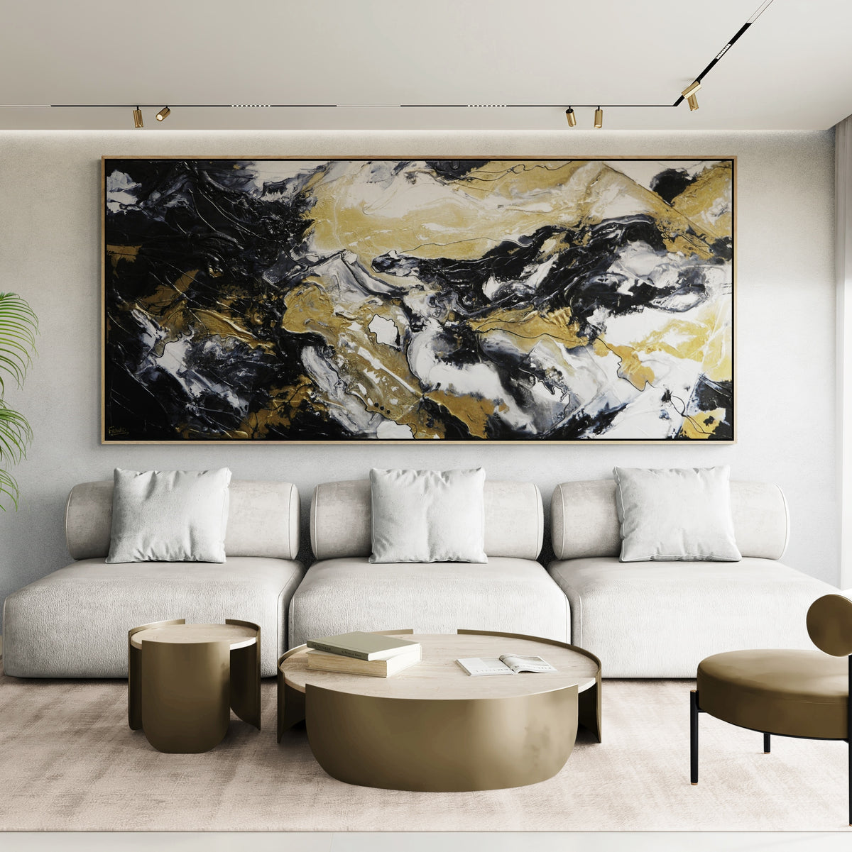 Slated Ransom 270cm x 120cm Black Gold White Textured Abstract Painting