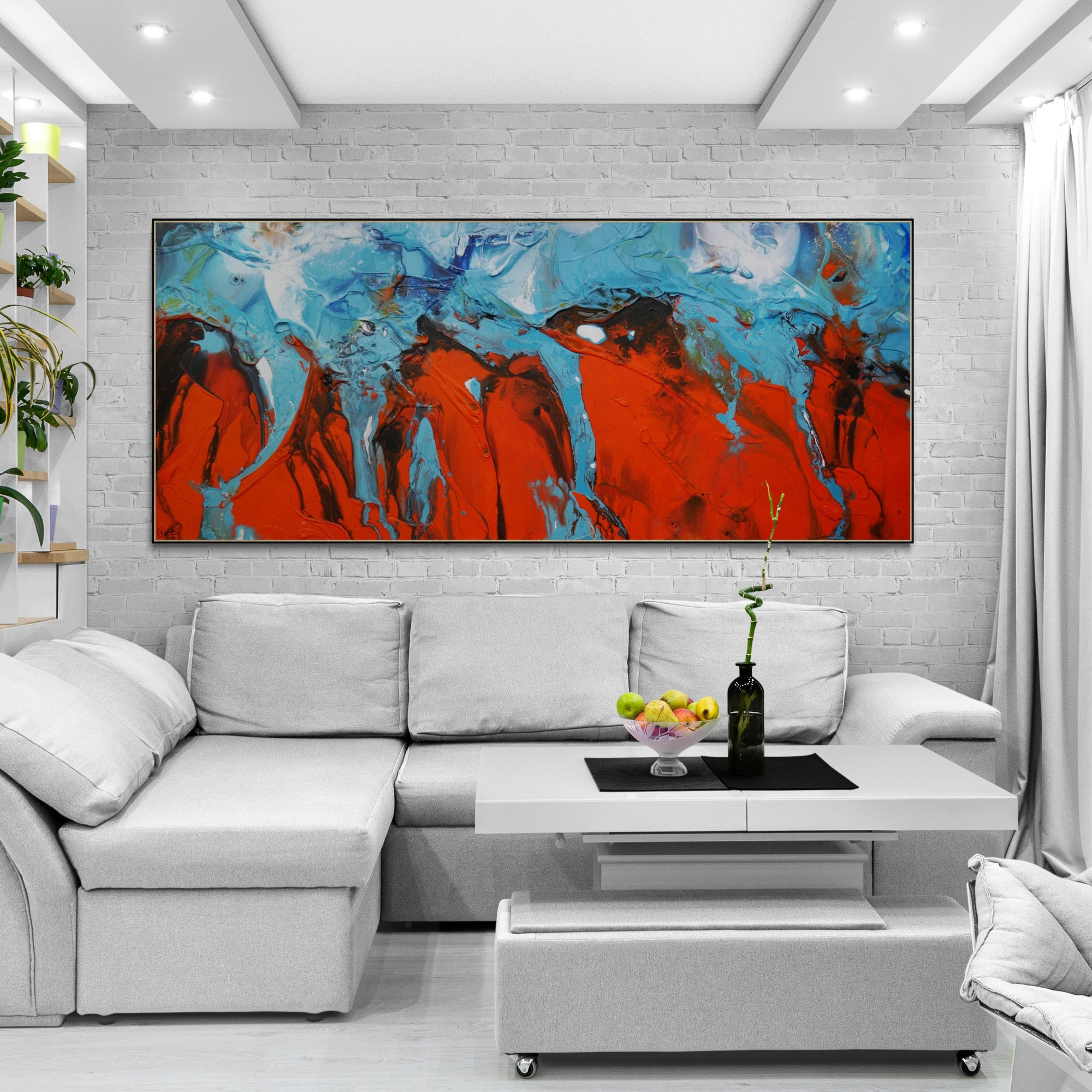 Tangerine Reign 240cm x 100cm Orange Blue Textured Abstract Painting (SOLD)-Abstract-[Franko_Artist]-[The_Block]-[Dream_Homes]-[ideas]- [Grand_Designs]-Franklin Art Studio