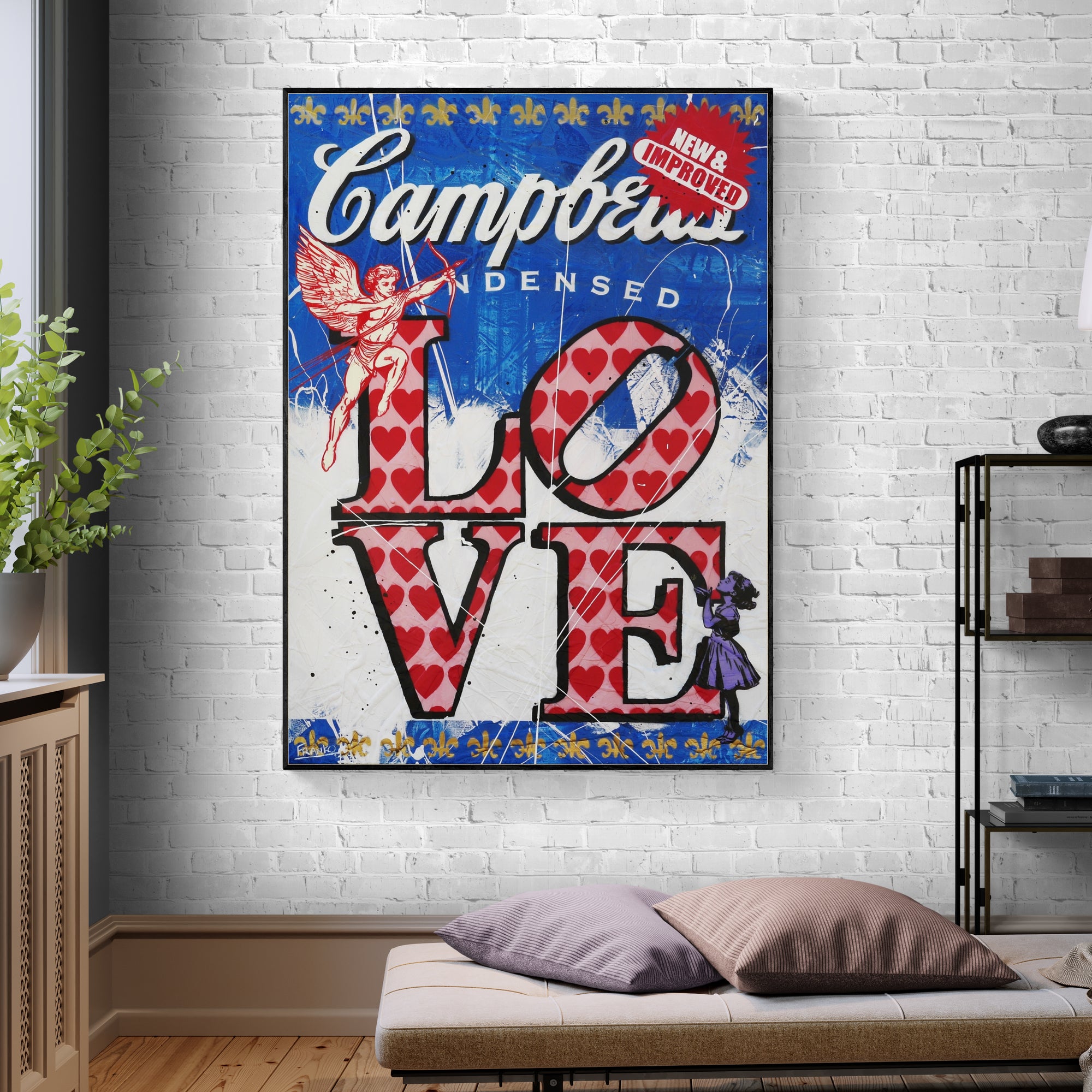 Cupids Love 140cm x 100cm Campbell's Soup Textured Urban Pop Art Painting (SOLD)-Urban Pop Art-[Franko_Artist]-[Australian_artist]-[Gold_Coast]-[Brisbane]-[modern]-[contemporary]-[original]-[Large_artwork]-[The_Block]-[Dream_Homes]-[ideas]-[Grand_Designs]-[Art_Lover]-Franklin Art Studio