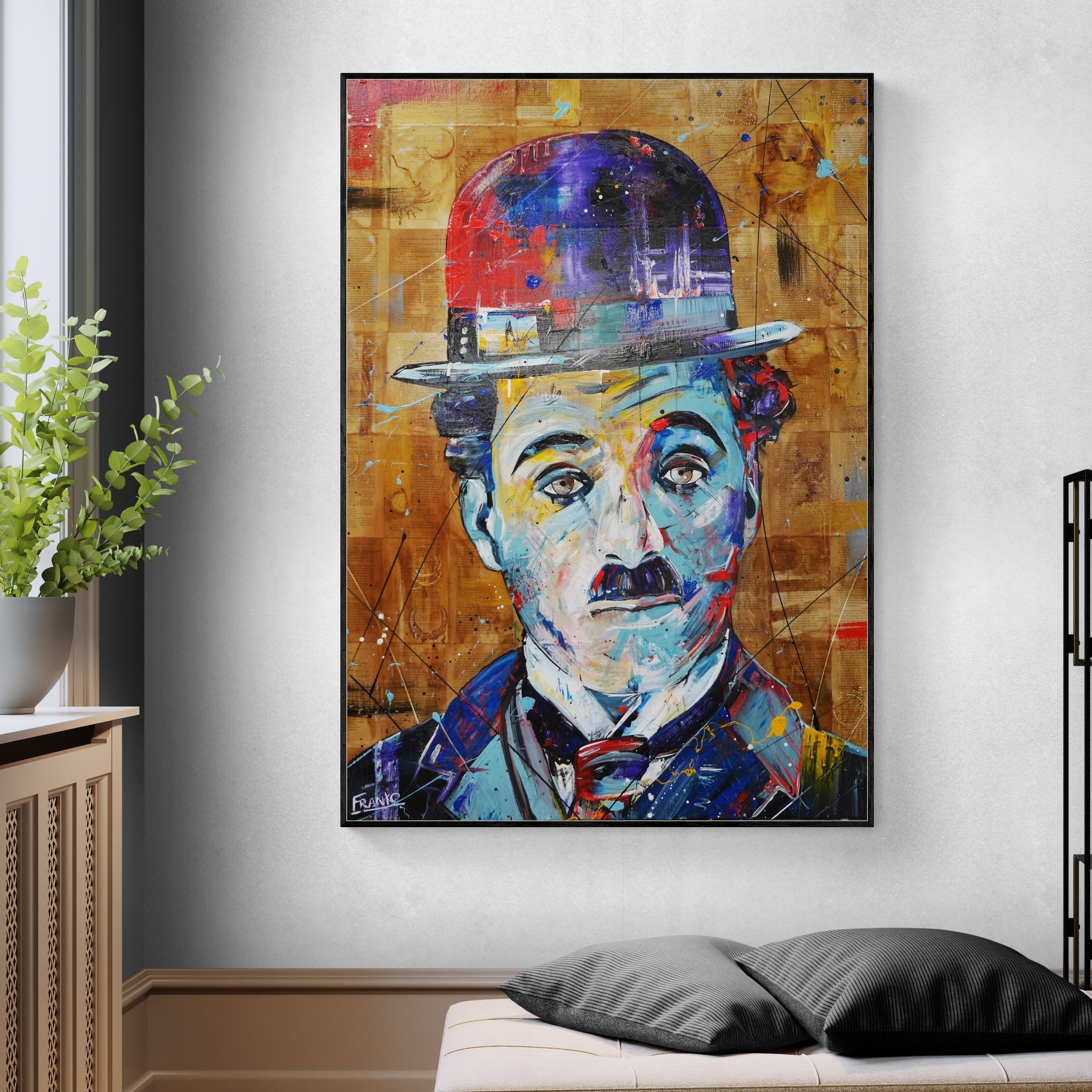 Blue Charlie 140cm x 100cm Charlie Chaplin Abstract Realism Book Club Painting (SOLD)-book club-[Franko_Artist]-[The_Block]-[Dream_Homes]-[ideas]-[Grand_Designs]-[Art_Lover]-Franklin Art Studio
