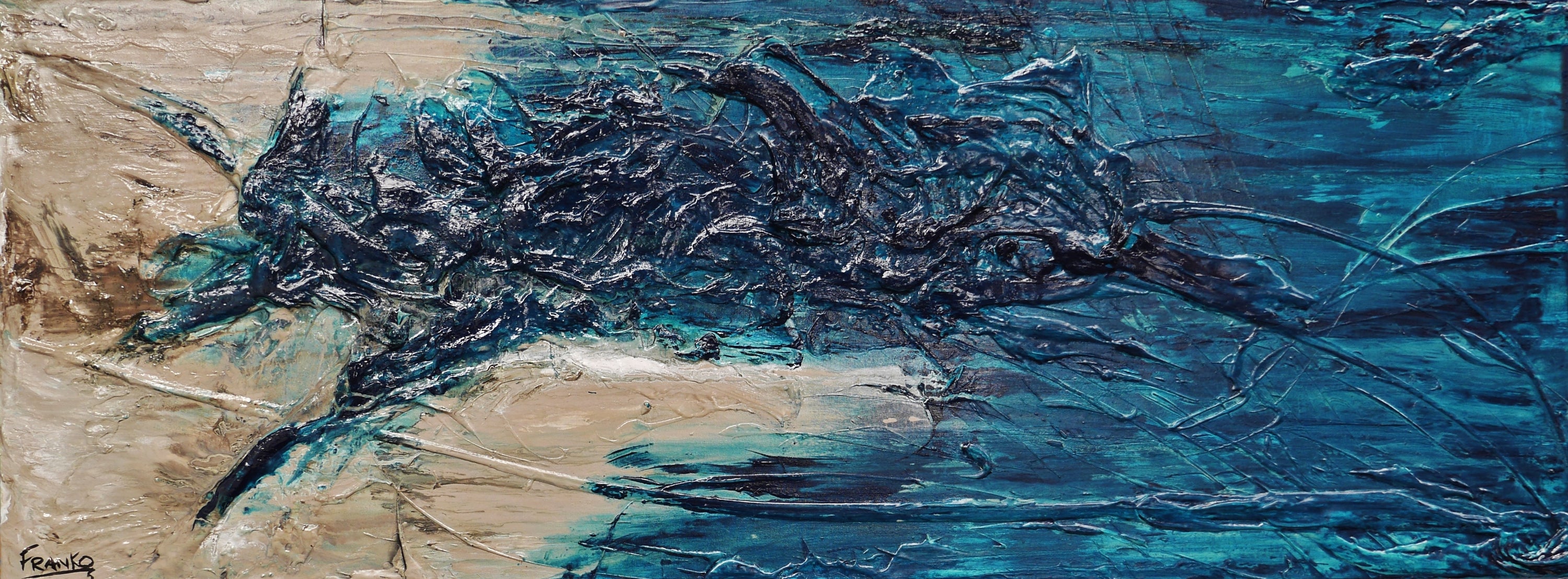 Sea Saltiness 160cm x 60cm Cream Teal Textured Abstract Painting-Abstract-[Franko_Artist]-[Australian_artist]-[Gold_Coast]-[Brisbane]-[modern]-[contemporary]-[original]-[Large_artwork]-Franklin Art Studio