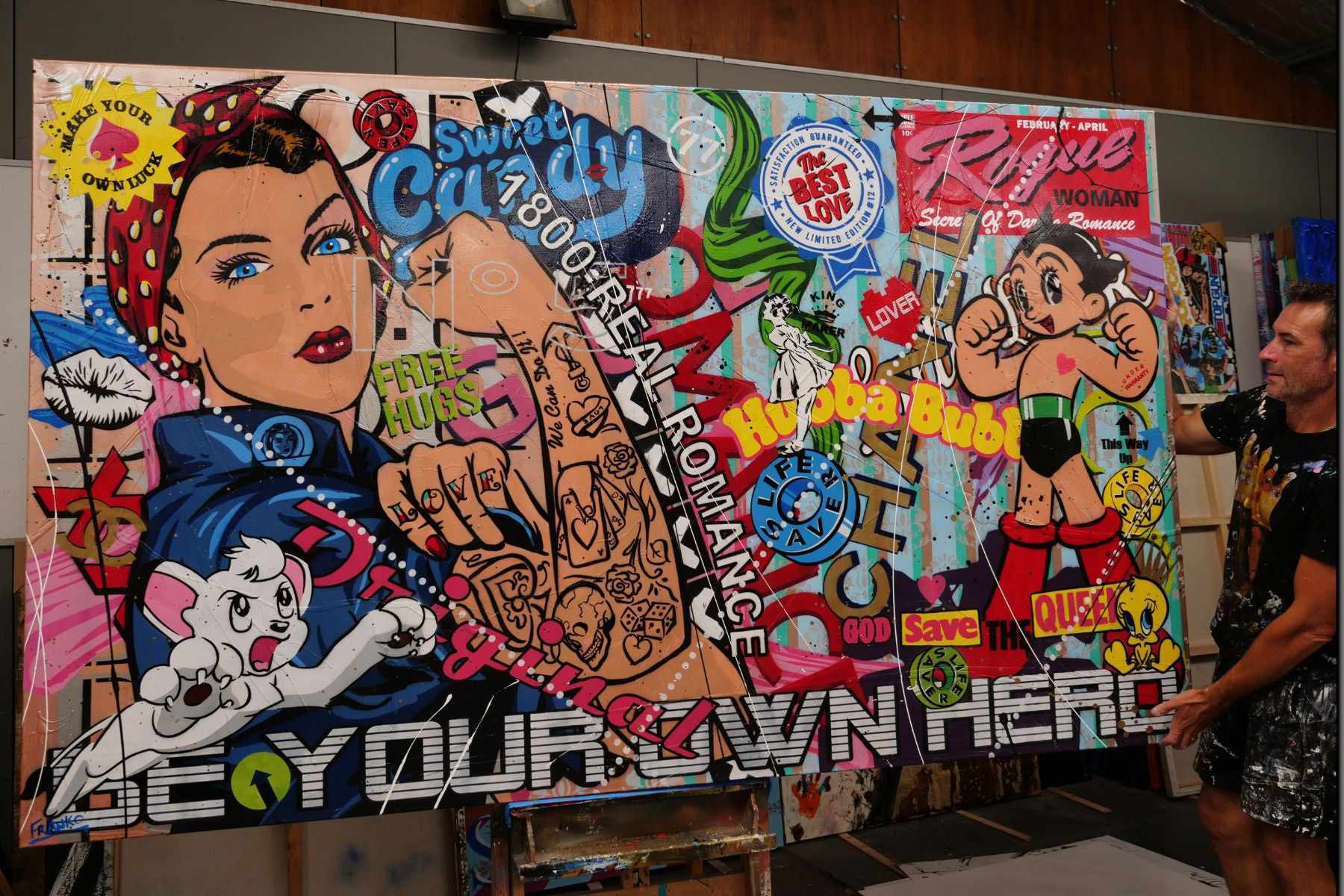 Be Your Own Hero - Rosie 250cm x 150cm Rosie The Riveter Textured Urban Pop Art Painting (SOLD)-Urban Pop Art-[Franko_Artist]-[The_Block]-[Dream_Homes]-[ideas]- [Grand_Designs]-Franklin Art Studio