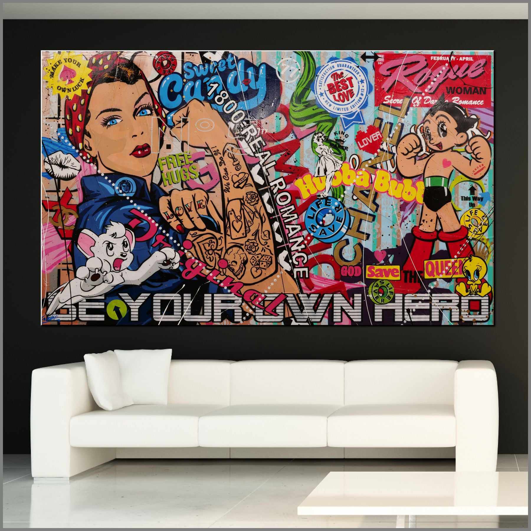 Be Your Own Hero - Rosie 250cm x 150cm Rosie The Riveter Textured Urban Pop Art Painting (SOLD)-Urban Pop Art-[Franko_Artist]-[Australian_artist]-[Gold_Coast]-[Brisbane]-[modern]-[contemporary]-[original]-[Large_artwork]-[The_Block]-[Dream_Homes]-[ideas]-[Grand_Designs]-[Art_Lover]-Franklin Art Studio
