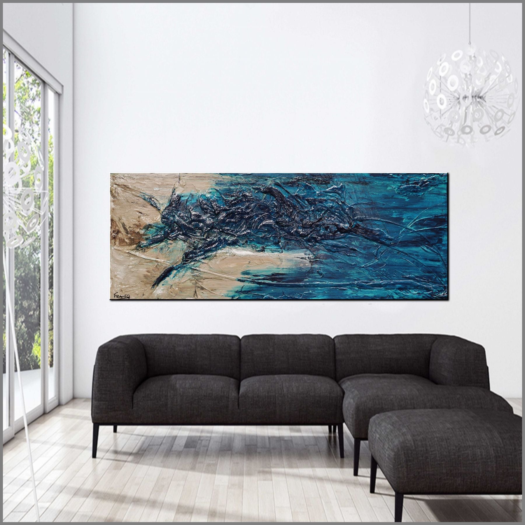 update alt-text with template Sea Saltiness 160cm x 60cm Cream Teal Textured Abstract Painting-Abstract-[Franko_Artist]-[Australian_artist]-[Gold_Coast]-[Brisbane]-[modern]-[contemporary]-[original]-[Large_artwork]-Franklin Art Studio