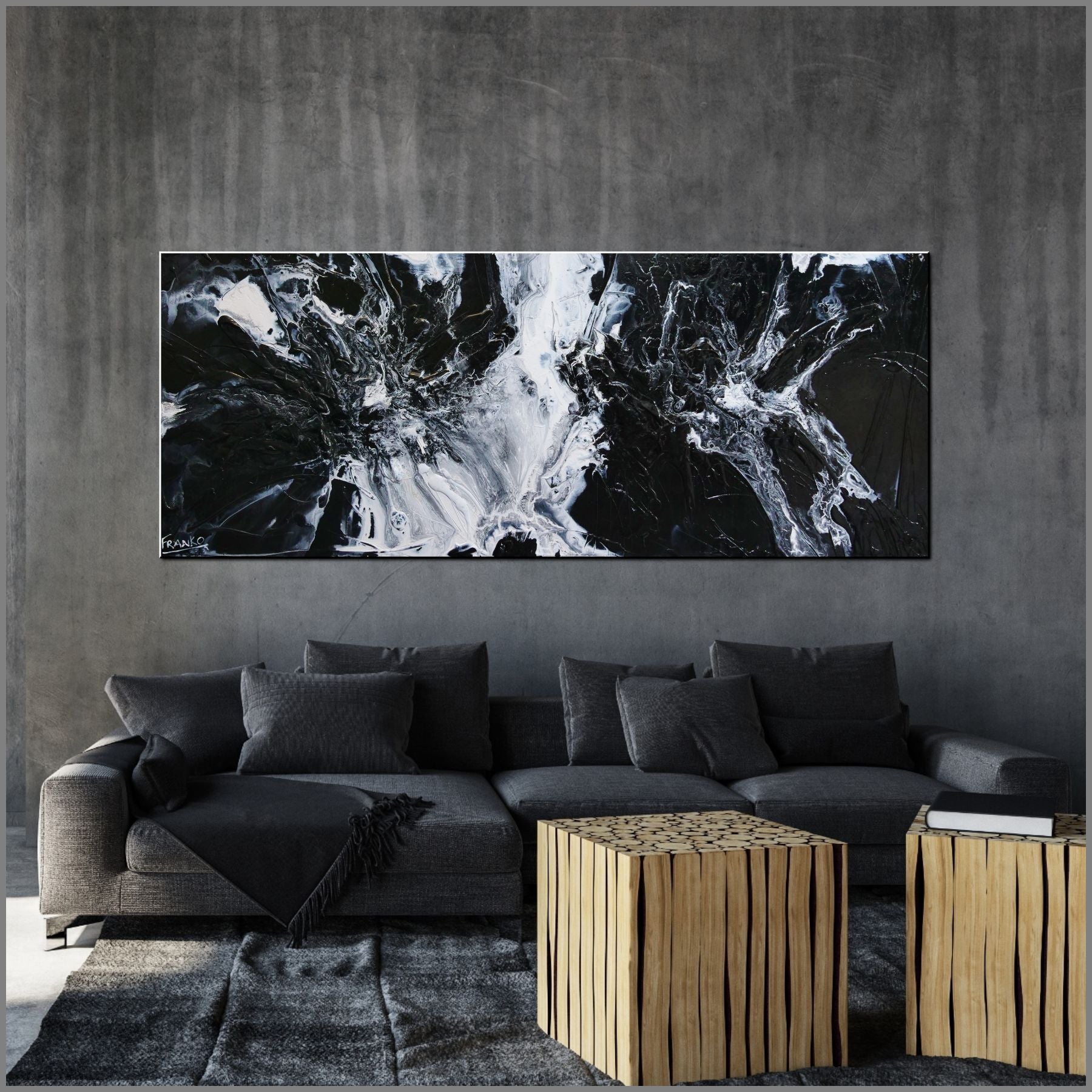 update alt-text with template Black Cotton Candy 200cm x 80cm Black White Textured Abstract Painting (SOLD)-Abstract-[Franko_Artist]-[Australian_artist]-[Gold_Coast]-[Brisbane]-[modern]-[contemporary]-[original]-[Large_artwork]-Franklin Art Studio