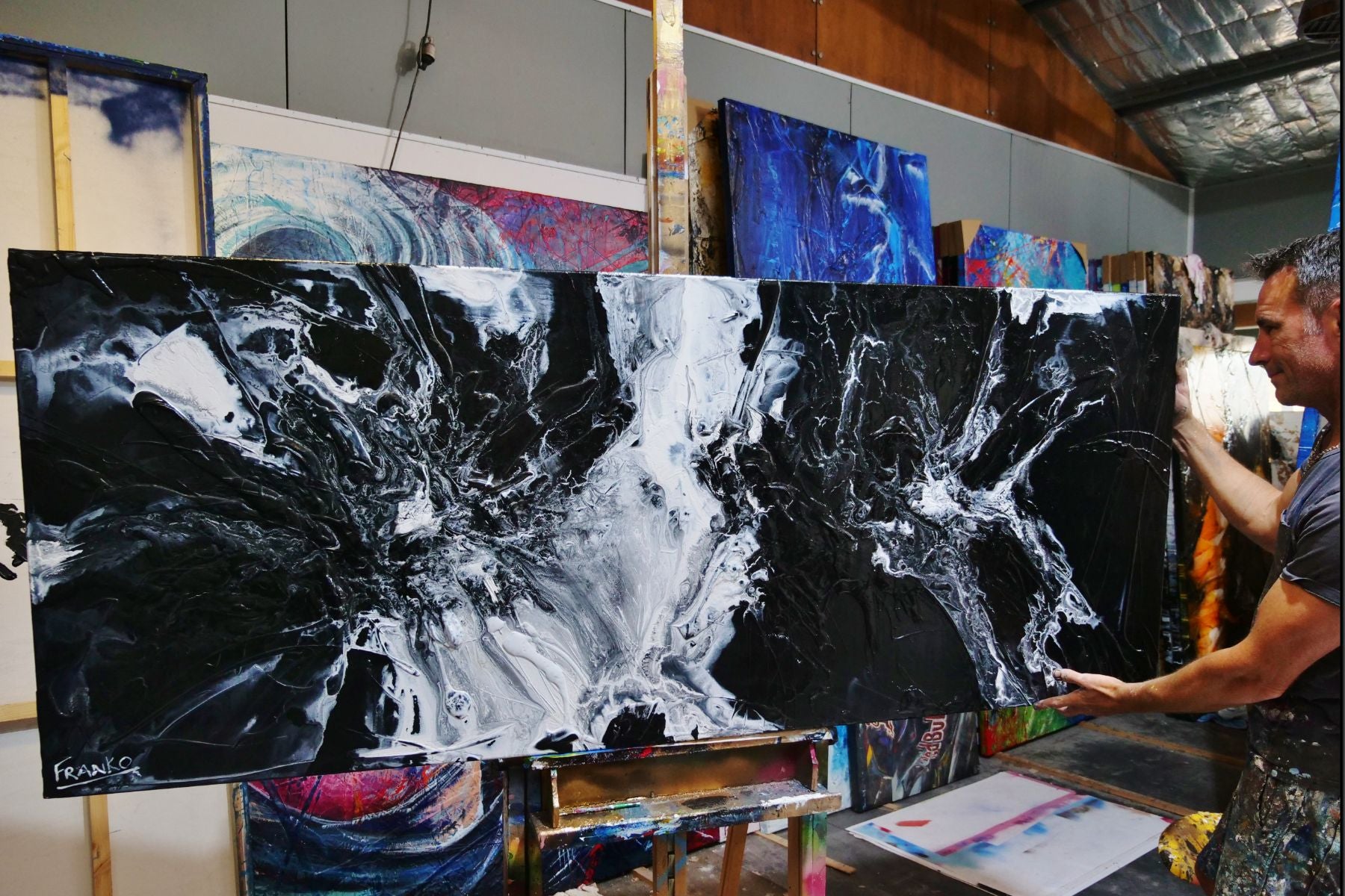 Black Cotton Candy 200cm x 80cm Black White Textured Abstract Painting (SOLD)-Abstract-[Franko_Artist]-[The_Block]-[Dream_Homes]-[ideas]- [Grand_Designs]-Franklin Art Studio