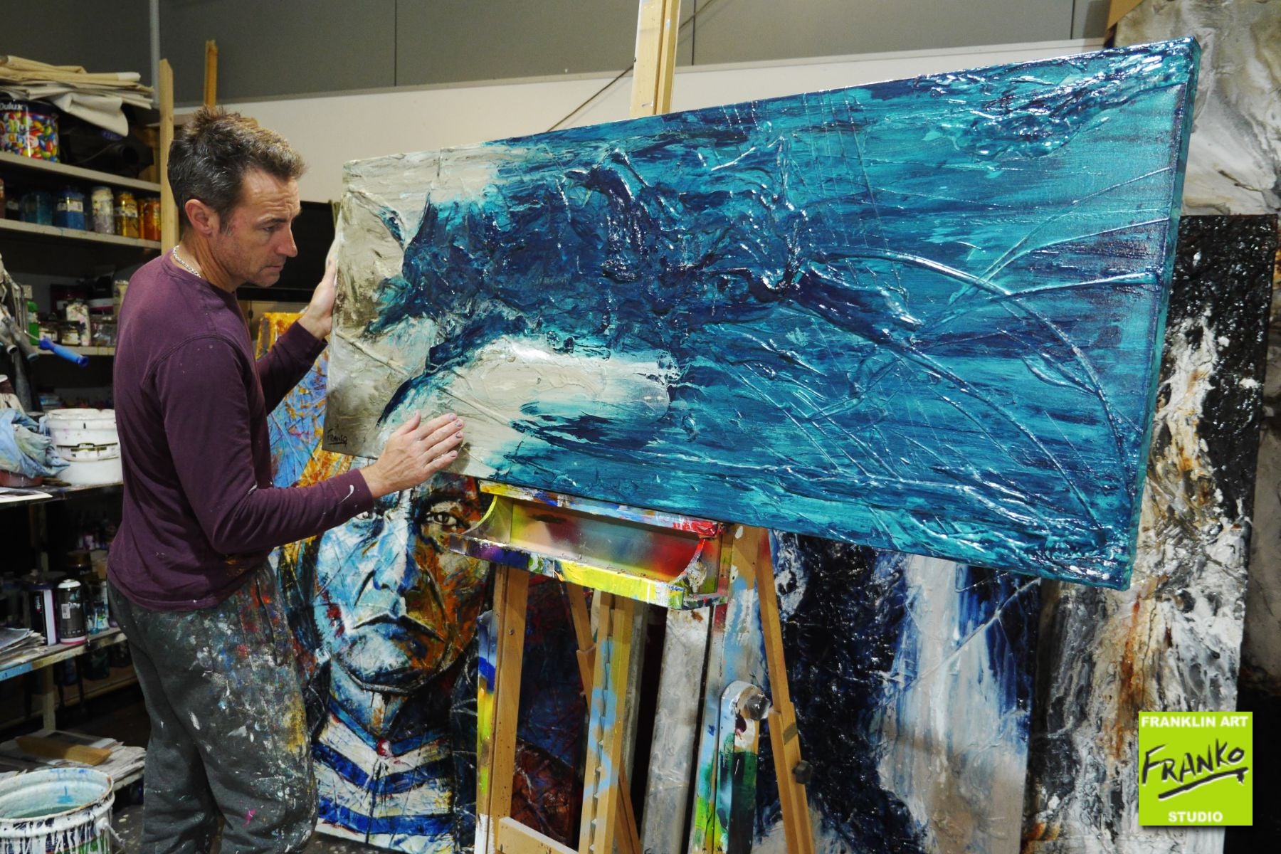 Sea Saltiness 160cm x 60cm Cream Teal Textured Abstract Painting-Abstract-[Franko_Artist]-[The_Block]-[Dream_Homes]-[ideas]- [Grand_Designs]-Franklin Art Studio