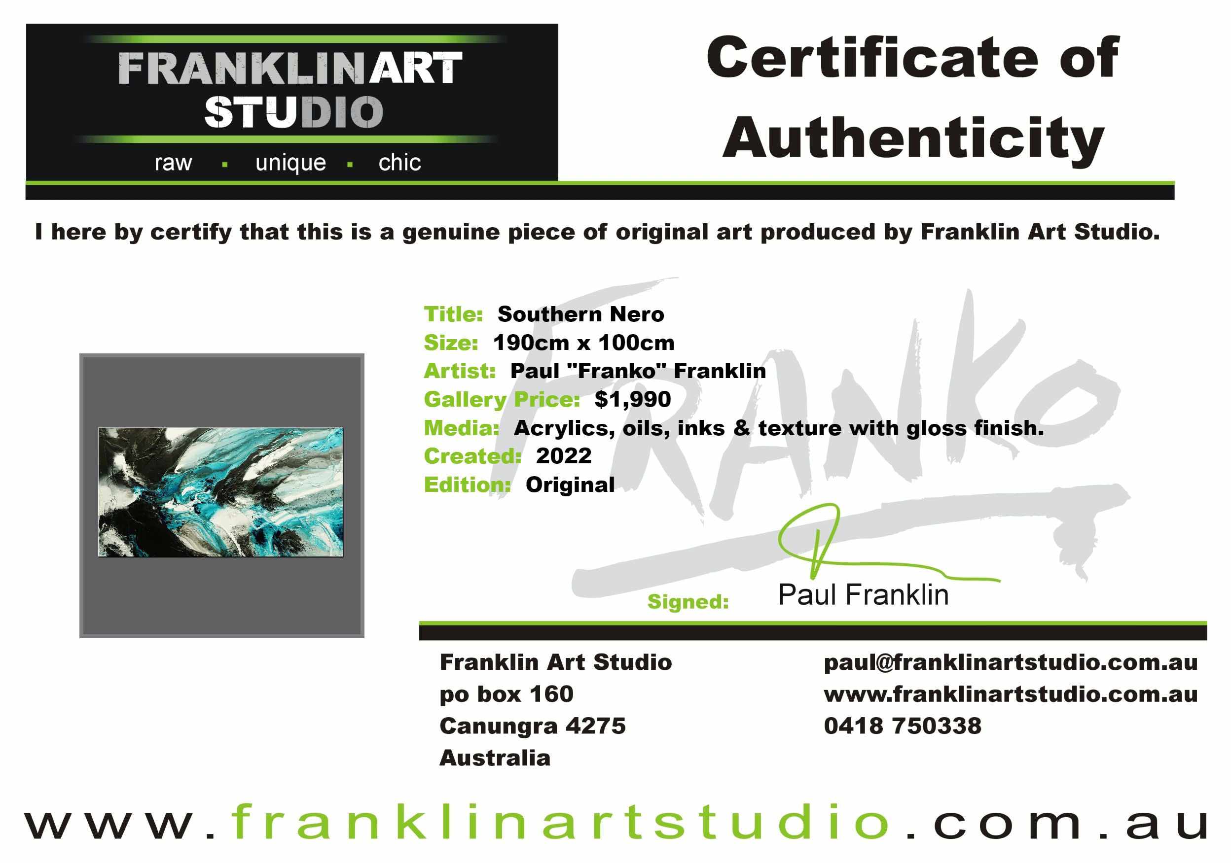 Southern Nero 190cm x 100cm Black Teal White Textured Abstract Painting-Abstract-[Franko]-[Artist]-[Australia]-[Painting]-Franklin Art Studio