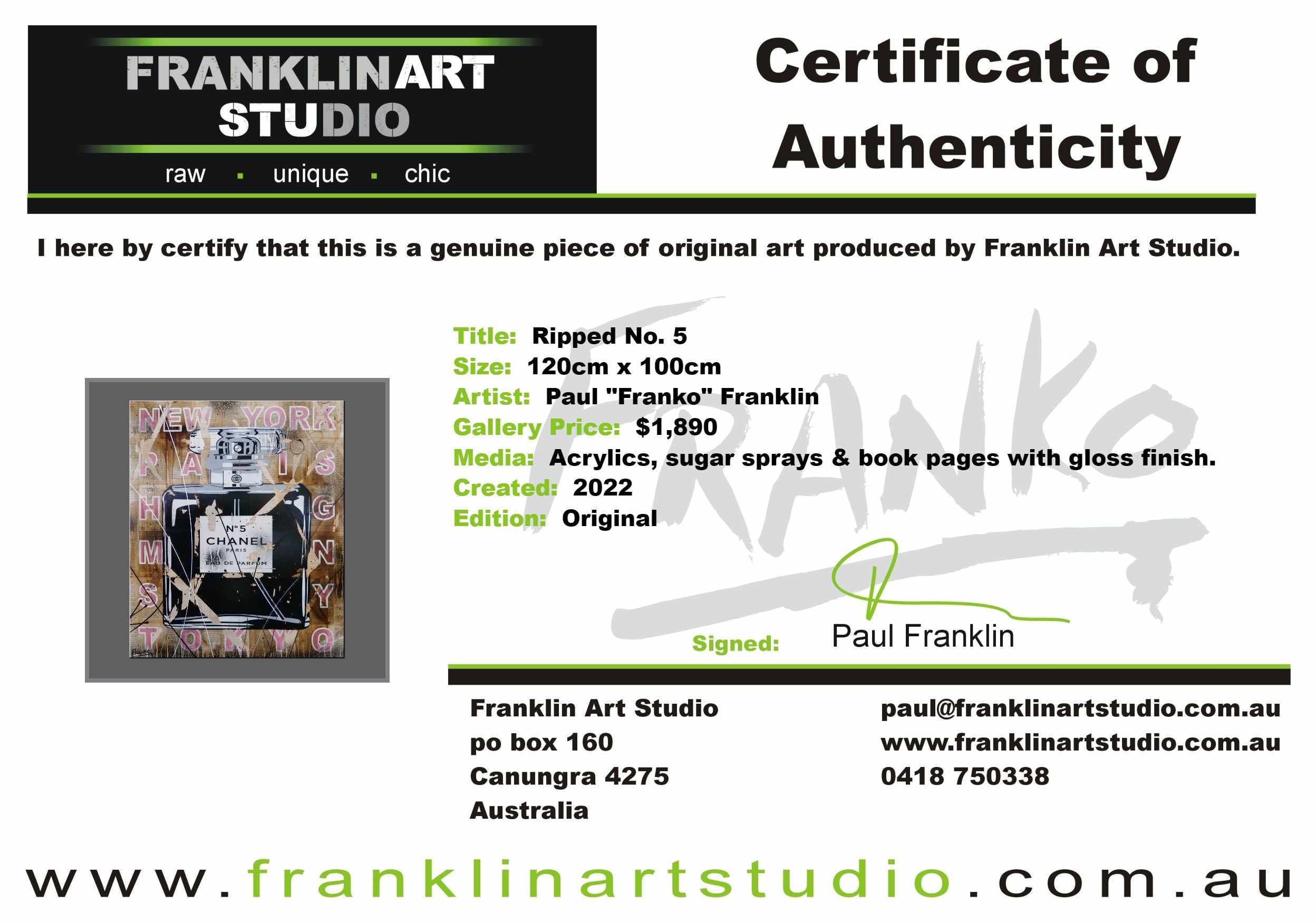 Ripped No. 5 120cm x 100cm Chanel Bottle Urban Pop Book Club Painting-book club-[Franko]-[Artist]-[Australia]-[Painting]-Franklin Art Studio