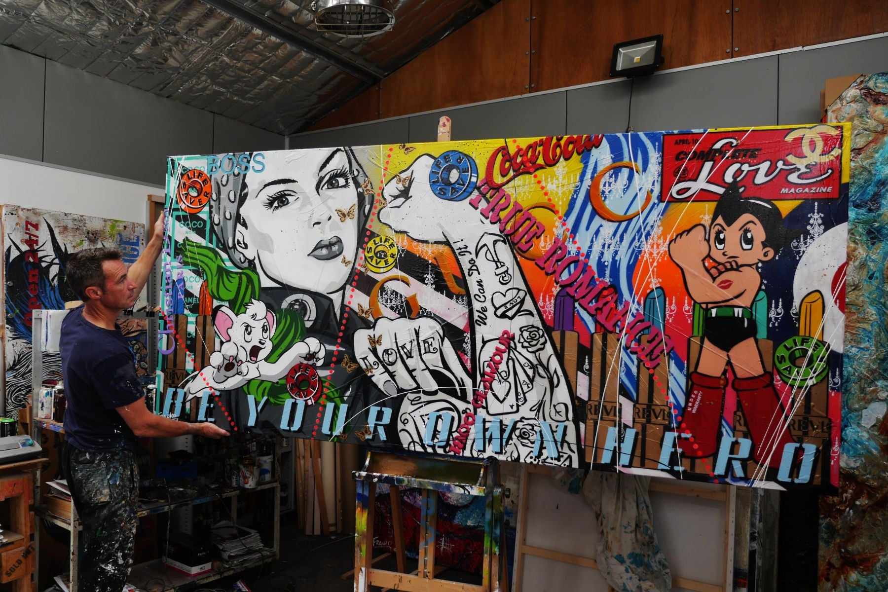 Hero Rosie 270cm x 120cm Rosie The Riveter Textured Urban Pop Art Painting (SOLD)-urban pop-[Franko_Artist]-[The_Block]-[Dream_Homes]-[ideas]-[Grand_Designs]-[Art_Lover]-Franklin Art Studio