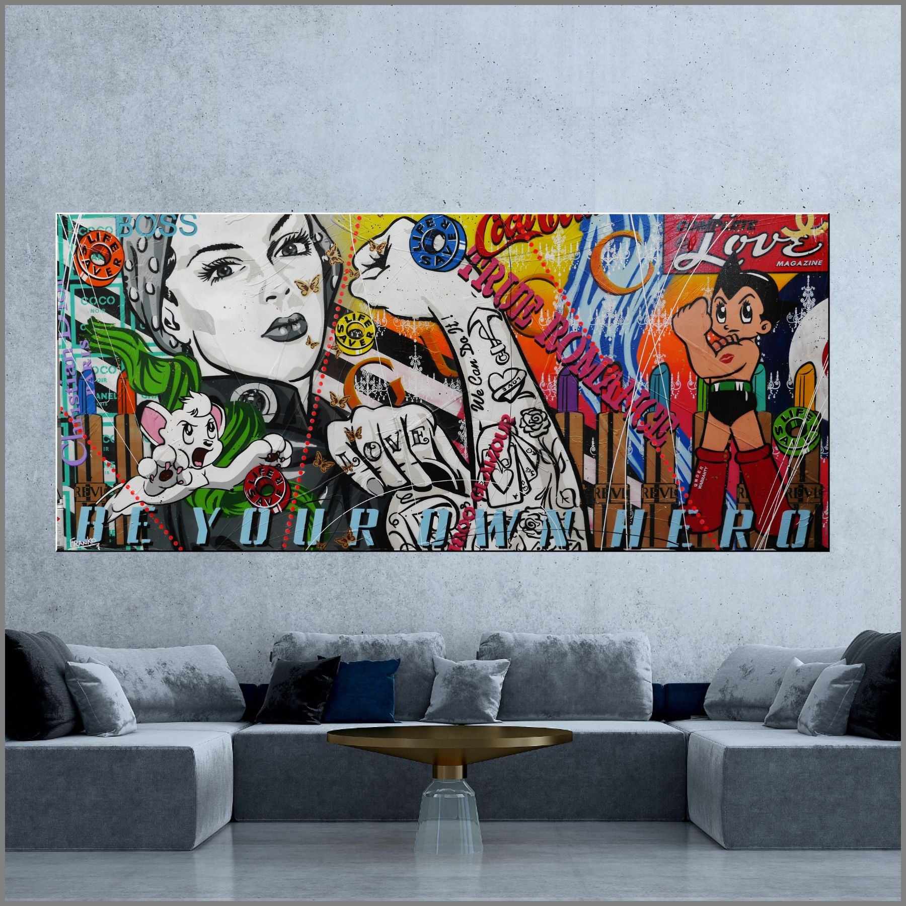 Hero Rosie 270cm x 120cm Rosie The Riveter Textured Urban Pop Art Painting (SOLD)-urban pop-[Franko_Artist]-[Australian_artist]-[Gold_Coast]-[Brisbane]-[modern]-[contemporary]-[original]-[Large_artwork]-[The_Block]-[Dream_Homes]-[ideas]-[Grand_Designs]-[Art_Lover]-Franklin Art Studio