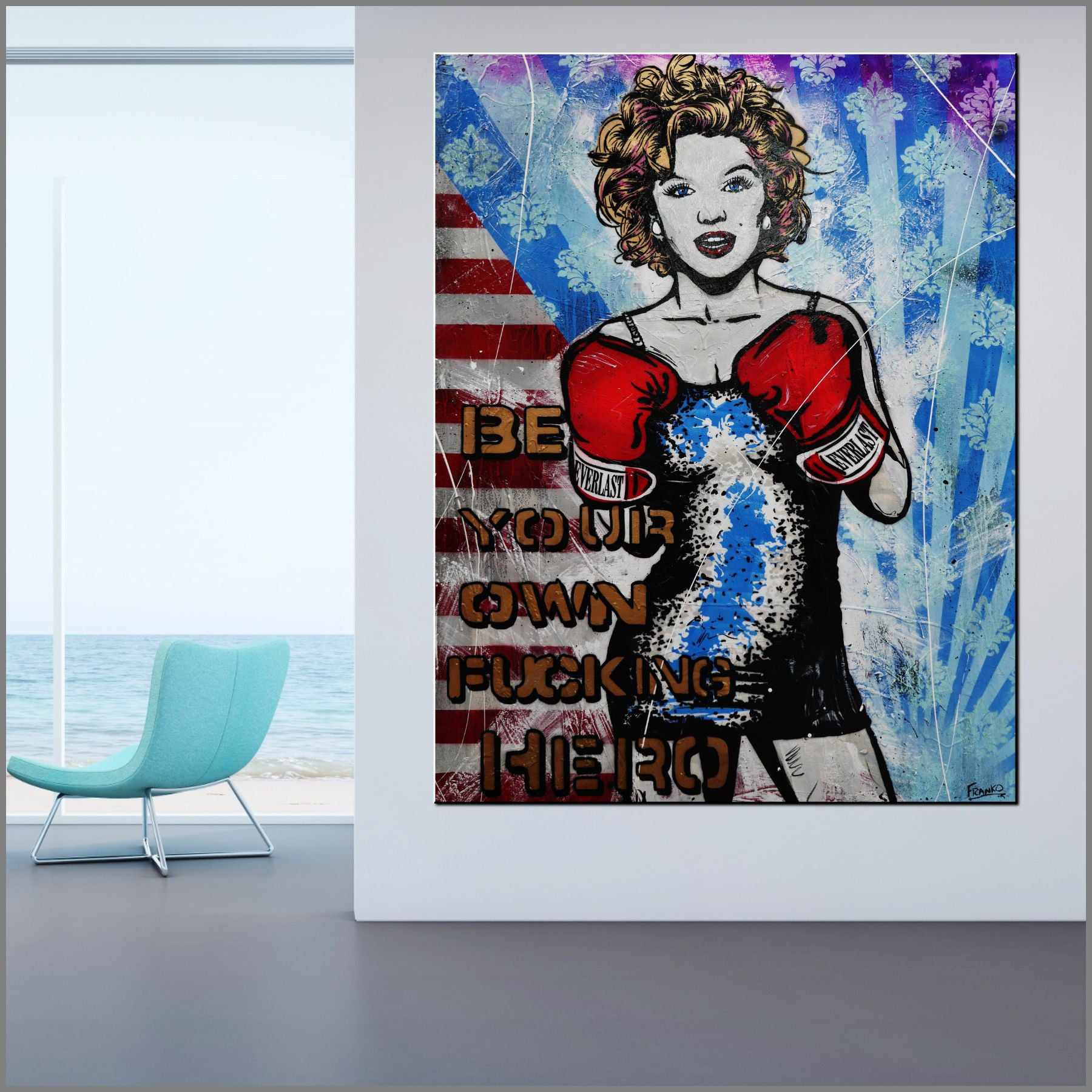 Heroes 140cm x 180cm Marilyn Monroe Boxing Textured Urban Pop Art Painting (SOLD)-urban pop-[Franko_Artist]-[Australian_artist]-[Gold_Coast]-[Brisbane]-[modern]-[contemporary]-[original]-[Large_artwork]-[The_Block]-[Dream_Homes]-[ideas]-[Grand_Designs]-[Art_Lover]-Franklin Art Studio