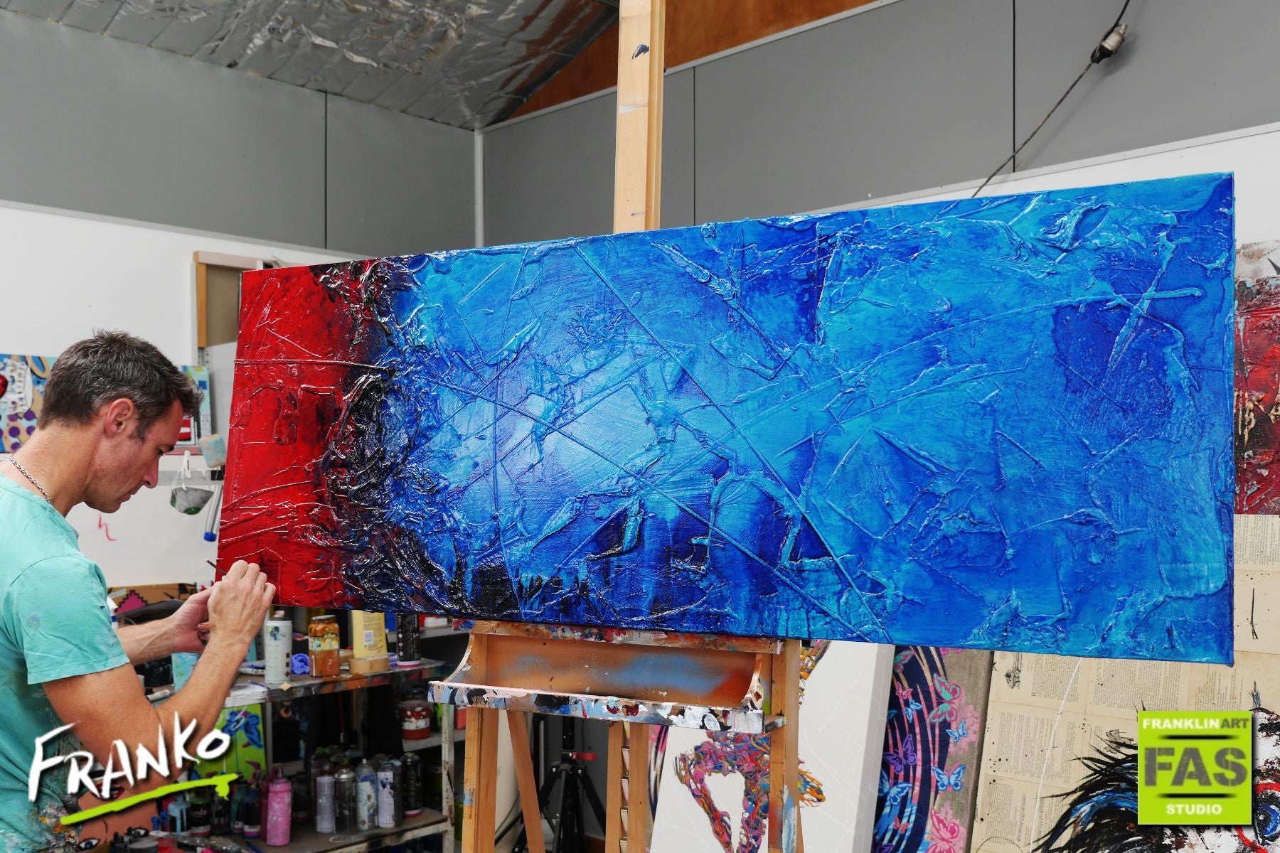 Red Oxygen 160cm x 60cm Blue Red Abstract Painting (SOLD)-Abstract-[Franko_Artist]-[The_Block]-[Dream_Homes]-[ideas]- [Grand_Designs]-Franklin Art Studio