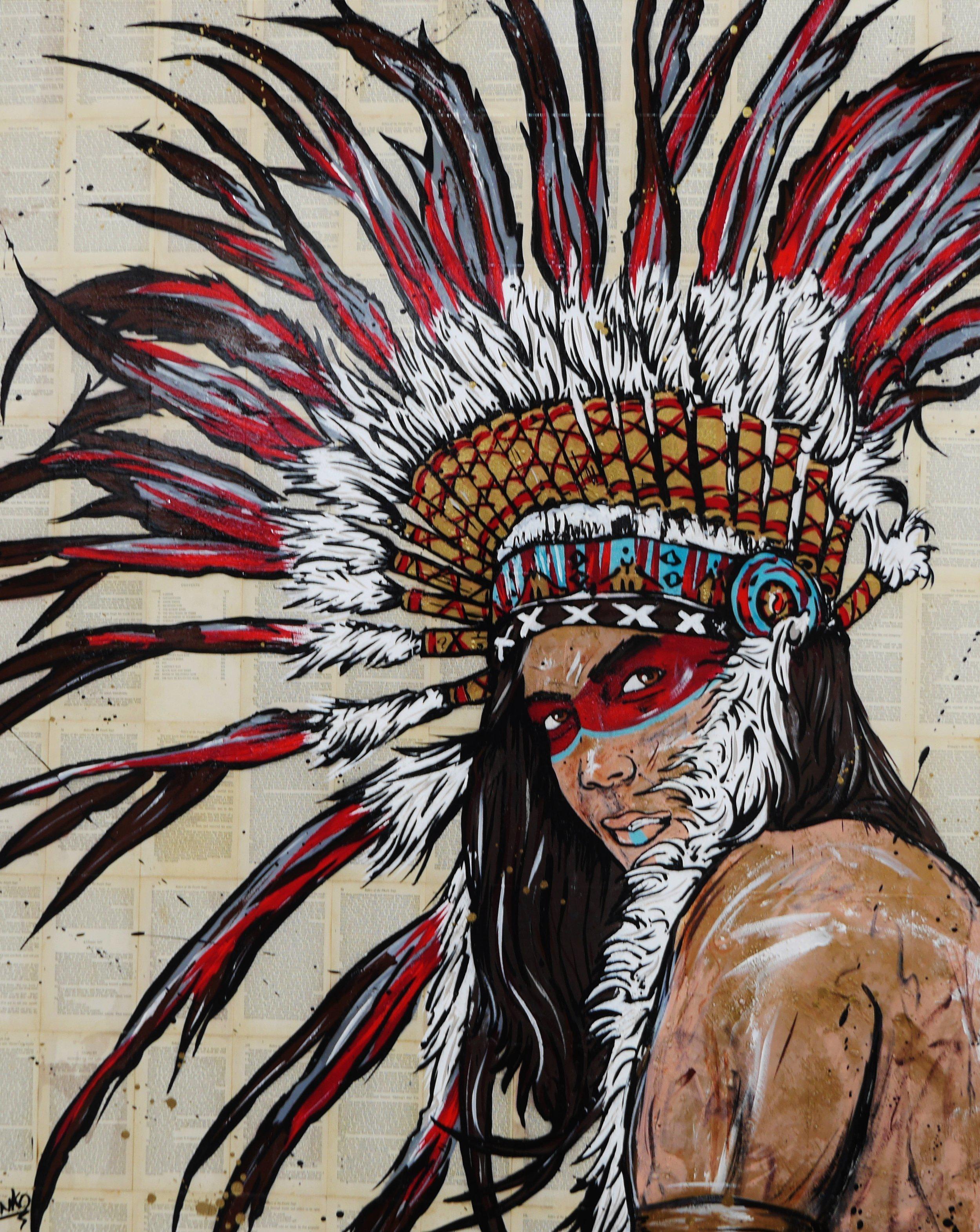 The Warrior 120cm x 150cm Indian Chief Vintage Book Pop art Painting (SOLD)-Abstract-[Franko_Artist]-[Australian_artist]-[Gold_Coast]-[Brisbane]-[modern]-[contemporary]-[original]-[Large_artwork]-Franklin Art Studio