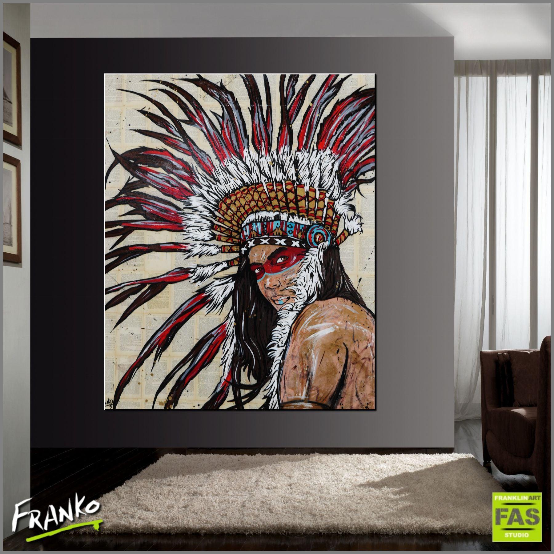 update alt-text with template The Warrior 120cm x 150cm Indian Chief Vintage Book Pop art Painting (SOLD)-Abstract-[Franko_Artist]-[Australian_artist]-[Gold_Coast]-[Brisbane]-[modern]-[contemporary]-[original]-[Large_artwork]-Franklin Art Studio